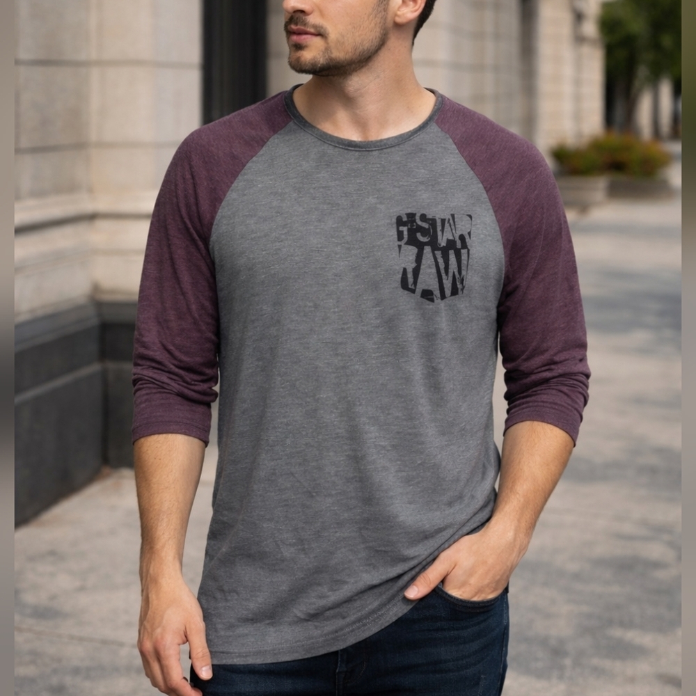 G-Star RAW Long Sleeve Raglan Tee Gray Purple Size L/XL Cotton Blend Shirt